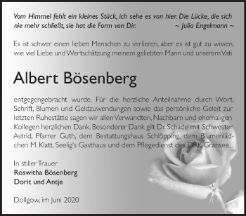 Traueranzeige von Albert Bösenberg von Märkische Oderzeitung