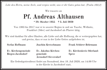 Traueranzeige von Andreas Althausen von Märkische Oderzeitung