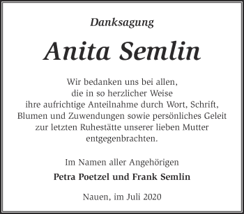 Traueranzeige von Anita Semlin von Märkische Oderzeitung