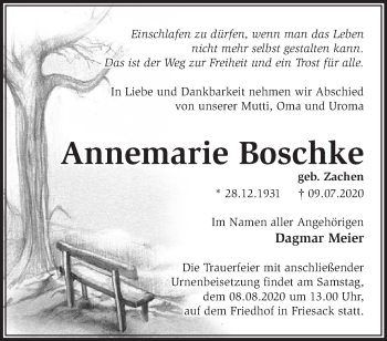 Traueranzeige von Annemarie Boschke von Märkische Oderzeitung