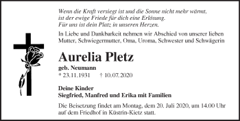 Traueranzeige von Aurelia Pletz von Märkische Oderzeitung