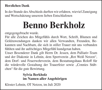 Traueranzeige von Benno Berkholz von Märkische Oderzeitung