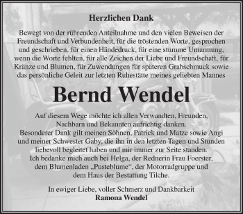 Traueranzeige von Bernd Wendel von Märkische Oderzeitung