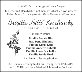 Traueranzeige von Brigitte Koschinsky von Märkische Oderzeitung