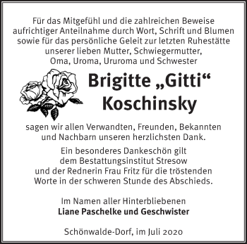 Traueranzeige von Brigitte Koschinsky von Märkische Oderzeitung