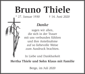 Traueranzeige von Bruno Thiele von Märkische Oderzeitung