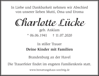 Traueranzeige von Charlotte Lücke von Märkische Oderzeitung