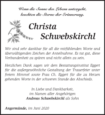 Traueranzeige von Christa Schwebskirchl von Märkische Oderzeitung