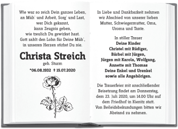 Traueranzeige von Christa Streich von Märkische Oderzeitung