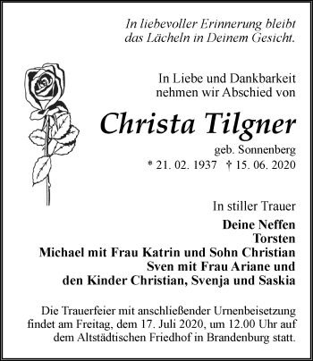 Traueranzeige von Christa Tilgner von Märkische Oderzeitung