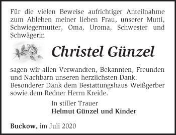 Traueranzeige von Christel Günzel von Märkische Oderzeitung