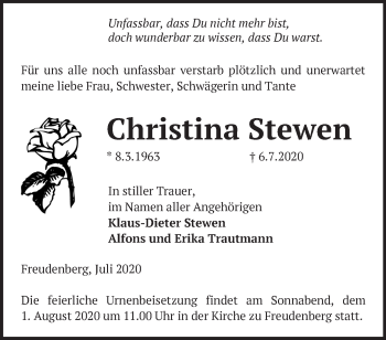 Traueranzeige von Christina Stewen von Märkische Oderzeitung