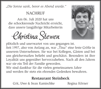 Traueranzeige von Christina Stewen von Märkische Oderzeitung