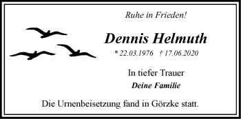 Traueranzeige von Dennis Helmuth von Märkische Oderzeitung