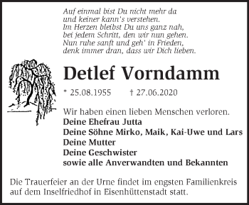 Traueranzeige von Detlef Vorndamm von Märkische Oderzeitung