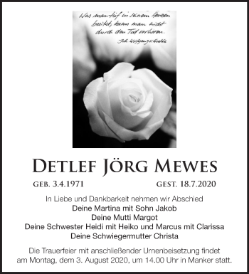 Traueranzeige von Detlef Jörg Mewes von Märkische Oderzeitung