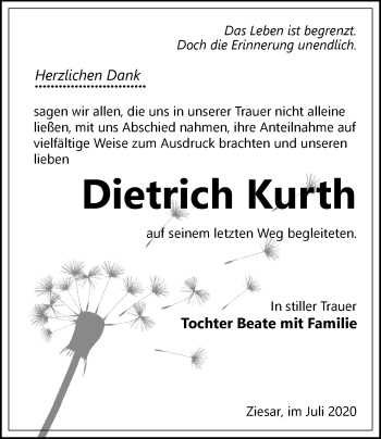 Traueranzeige von Dietrich Kurth von Märkische Oderzeitung