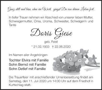 Traueranzeige von Doris Giese von Märkische Oderzeitung