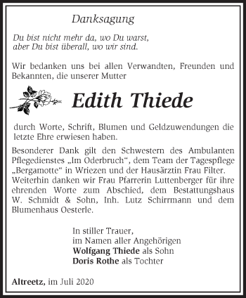 Traueranzeige von Edith Thiede von Märkische Oderzeitung