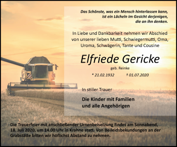 Traueranzeige von Elfriede Gericke von Märkische Oderzeitung