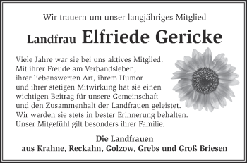 Traueranzeige von Elfriede Gericke von Märkische Oderzeitung