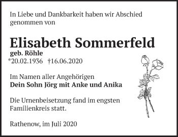 Traueranzeige von Elisabeth Sommerfeld von Märkische Oderzeitung