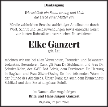 Traueranzeige von Elke Ganzert von Märkische Oderzeitung