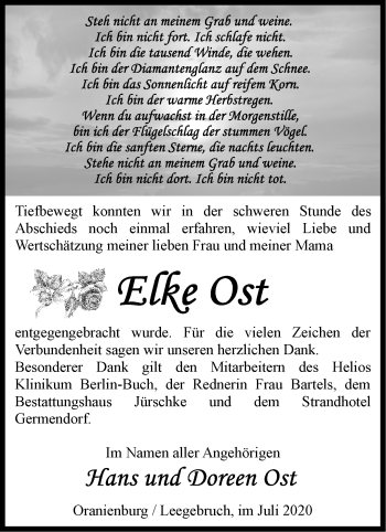 Traueranzeige von Elke Ost von Märkische Oderzeitung