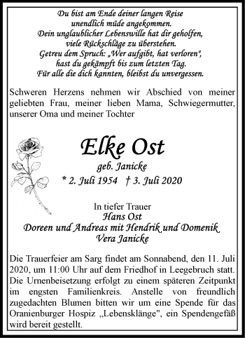 Traueranzeige von Elke Ost von Märkische Oderzeitung