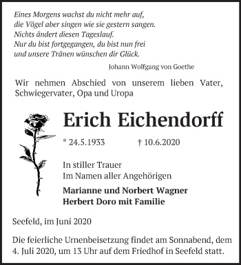 Traueranzeige von Erich Eichendorff von Märkische Oderzeitung