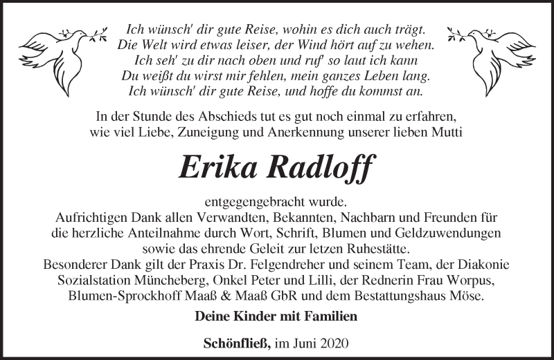  Traueranzeige für Erika Radloff vom 11.07.2020 aus Märkische Oderzeitung