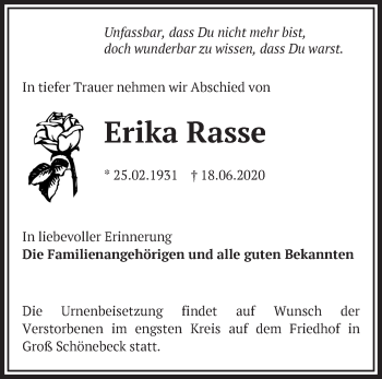 Traueranzeige von Erika Rasse von Märkische Oderzeitung