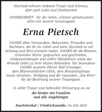 Traueranzeige von Erna Pietsch von Märkische Oderzeitung