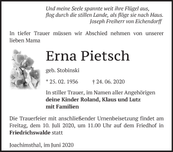 Traueranzeige von Erna Pietsch von Märkische Oderzeitung