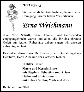 Traueranzeige von Erna Weichmann von Märkische Oderzeitung