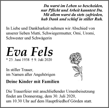 Traueranzeige von Eva Fels von Märkische Oderzeitung