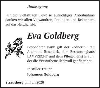 Traueranzeige von Eva Goldberg von Märkische Oderzeitung