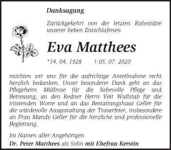 Traueranzeige von Eva Matthees von Märkische Oderzeitung