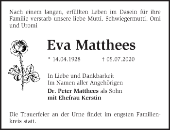 Traueranzeige von Eva Matthees von Märkische Oderzeitung