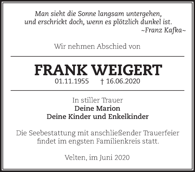  Traueranzeige für Frank Weigert vom 01.07.2020 aus Märkische Oderzeitung