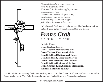 Traueranzeige von Franz Grab von Märkische Oderzeitung