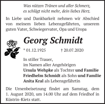 Traueranzeige von Georg Schmidt von Märkische Oderzeitung