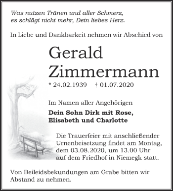 Traueranzeige von Gerald Zimmermann von Märkische Oderzeitung