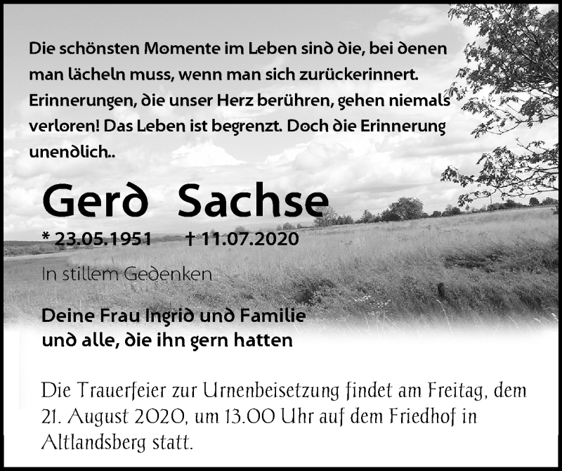  Traueranzeige für Gerd Sachse vom 26.07.2020 aus Märkische Oderzeitung