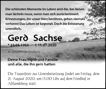 Traueranzeige von Gerd Sachse von Märkische Oderzeitung