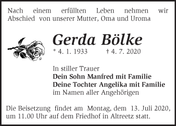 Traueranzeige von Gerda Bölke von Märkische Oderzeitung