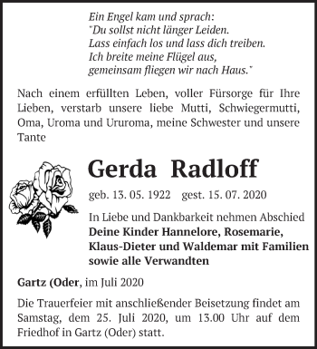 Traueranzeige von Gerda Radloff von Märkische Oderzeitung