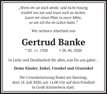 Traueranzeige von Gertrud Banke von Märkische Oderzeitung