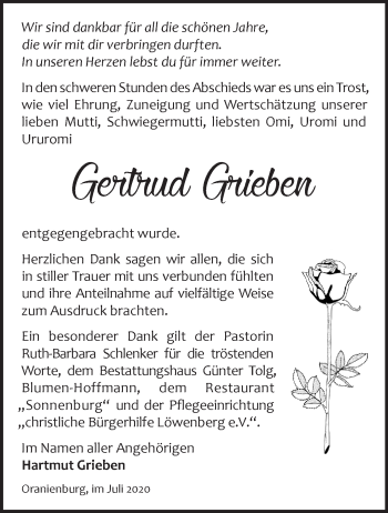 Traueranzeige von Gertrud Grieben von Märkische Oderzeitung