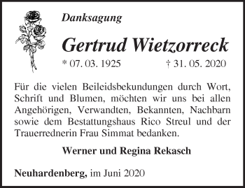 Traueranzeige von Gertrud Wietzorreck von Märkische Oderzeitung